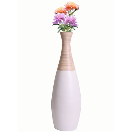 31.5 Spun Bamboo Tall Trumpet Floor Vase, White And Natural